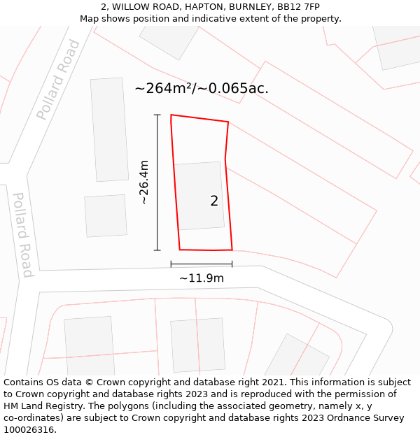 2, WILLOW ROAD, HAPTON, BURNLEY, BB12 7FP: Plot and title map