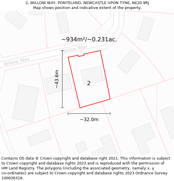 2, WILLOW WAY, PONTELAND, NEWCASTLE UPON TYNE, NE20 9RJ: Plot and title map