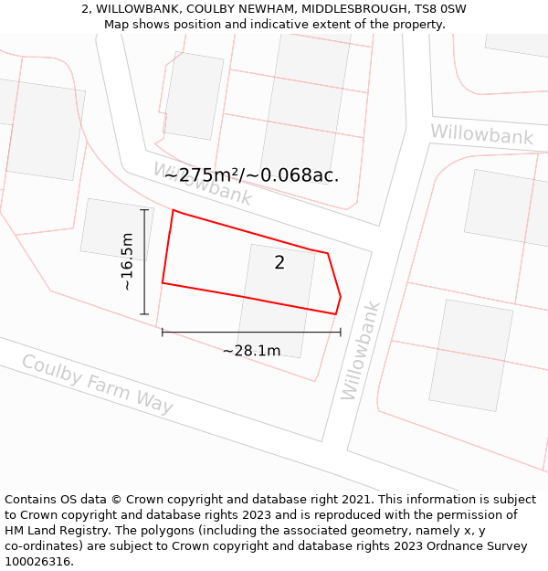 2, WILLOWBANK, COULBY NEWHAM, MIDDLESBROUGH, TS8 0SW: Plot and title map