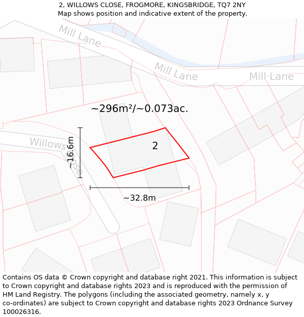 2, WILLOWS CLOSE, FROGMORE, KINGSBRIDGE, TQ7 2NY: Plot and title map