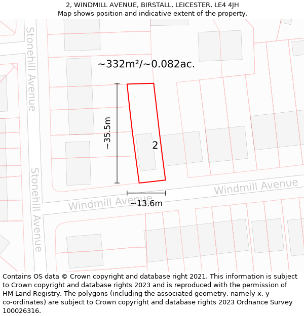 2, WINDMILL AVENUE, BIRSTALL, LEICESTER, LE4 4JH: Plot and title map