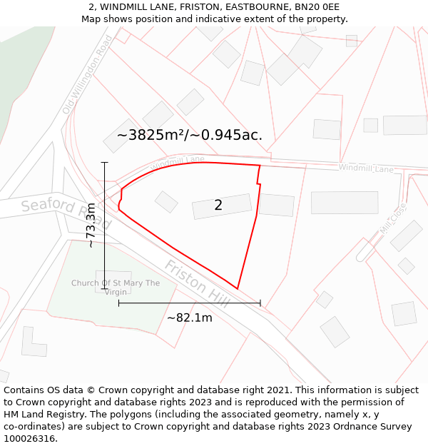 2, WINDMILL LANE, FRISTON, EASTBOURNE, BN20 0EE: Plot and title map