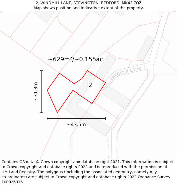 2, WINDMILL LANE, STEVINGTON, BEDFORD, MK43 7QZ: Plot and title map