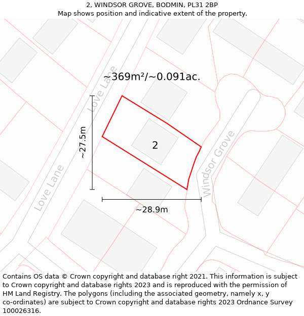2, WINDSOR GROVE, BODMIN, PL31 2BP: Plot and title map