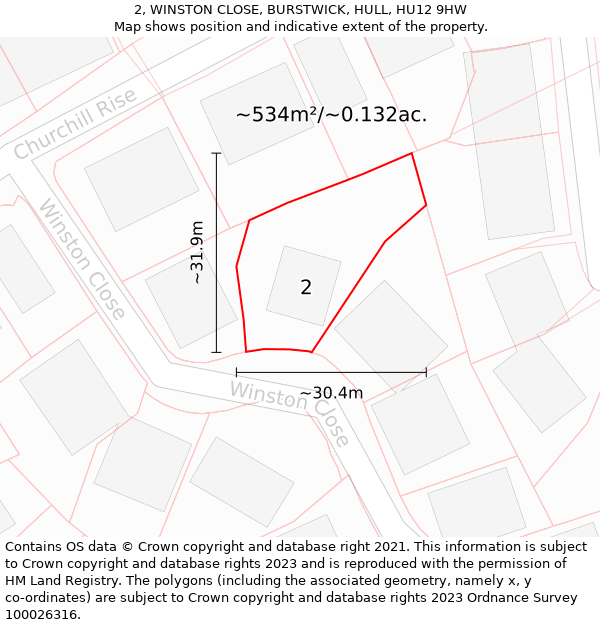 2, WINSTON CLOSE, BURSTWICK, HULL, HU12 9HW: Plot and title map