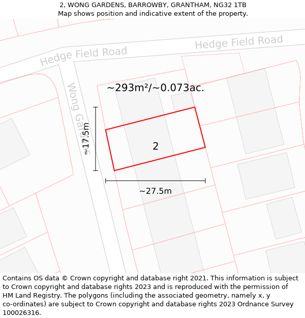 2, WONG GARDENS, BARROWBY, GRANTHAM, NG32 1TB: Plot and title map