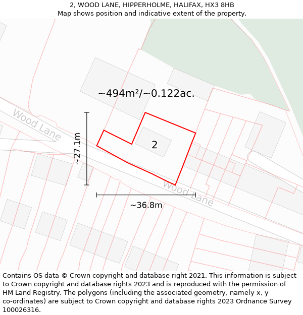 2, WOOD LANE, HIPPERHOLME, HALIFAX, HX3 8HB: Plot and title map