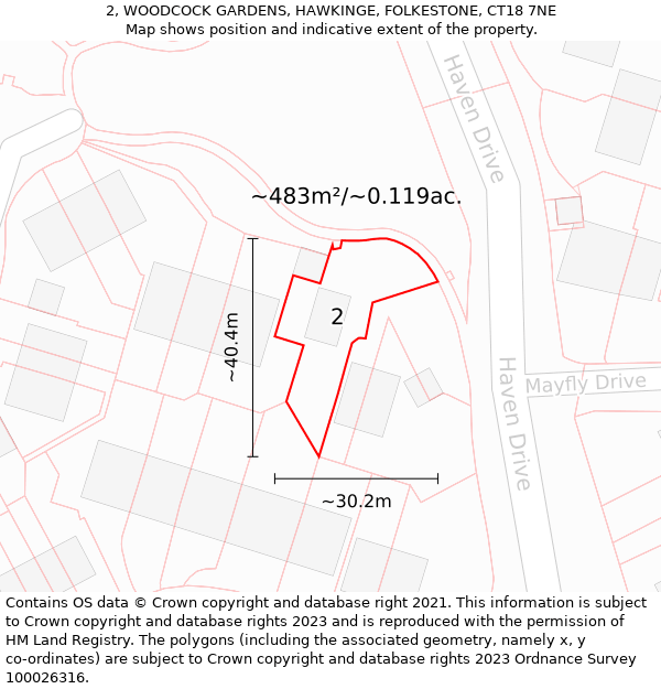 2, WOODCOCK GARDENS, HAWKINGE, FOLKESTONE, CT18 7NE: Plot and title map