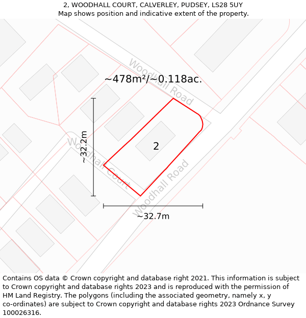 2, WOODHALL COURT, CALVERLEY, PUDSEY, LS28 5UY: Plot and title map