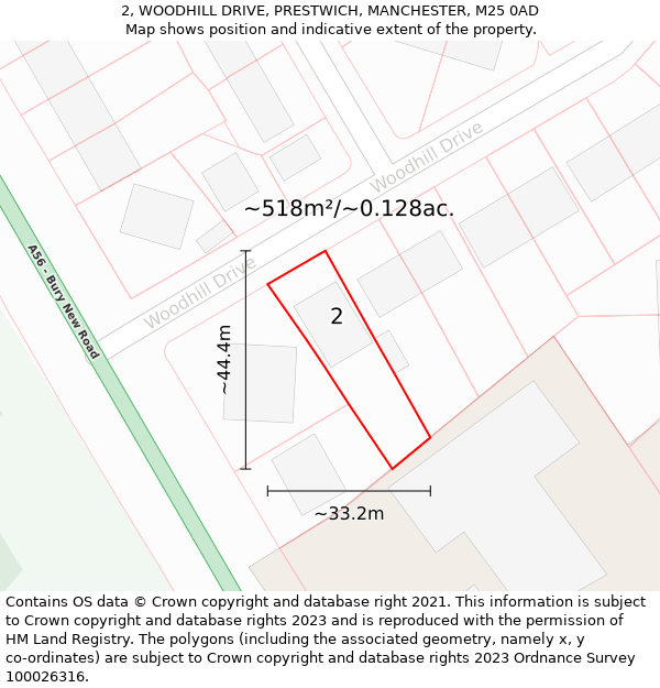 2, WOODHILL DRIVE, PRESTWICH, MANCHESTER, M25 0AD: Plot and title map