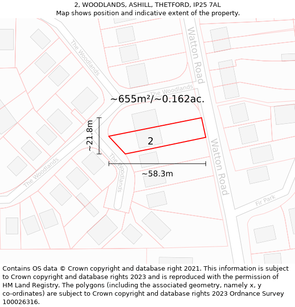 2, WOODLANDS, ASHILL, THETFORD, IP25 7AL: Plot and title map