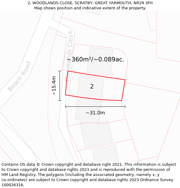 2, WOODLANDS CLOSE, SCRATBY, GREAT YARMOUTH, NR29 3FH: Plot and title map