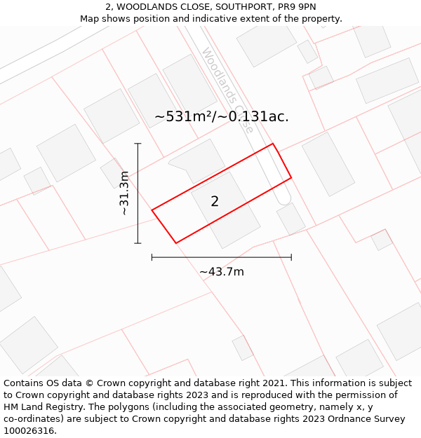 2, WOODLANDS CLOSE, SOUTHPORT, PR9 9PN: Plot and title map