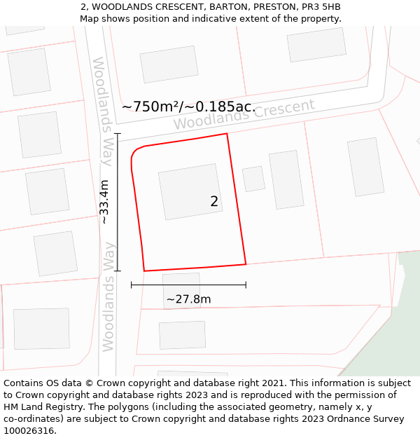 2, WOODLANDS CRESCENT, BARTON, PRESTON, PR3 5HB: Plot and title map