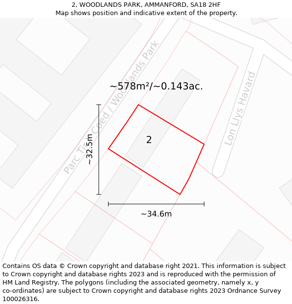 2, WOODLANDS PARK, AMMANFORD, SA18 2HF: Plot and title map