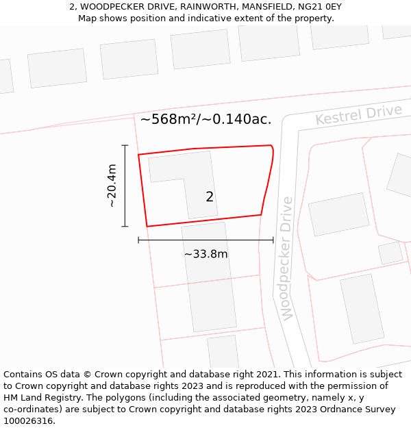 2, WOODPECKER DRIVE, RAINWORTH, MANSFIELD, NG21 0EY: Plot and title map