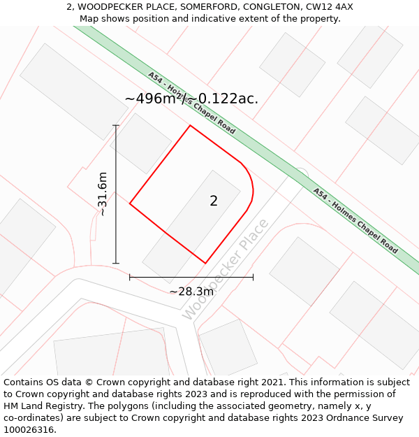 2, WOODPECKER PLACE, SOMERFORD, CONGLETON, CW12 4AX: Plot and title map