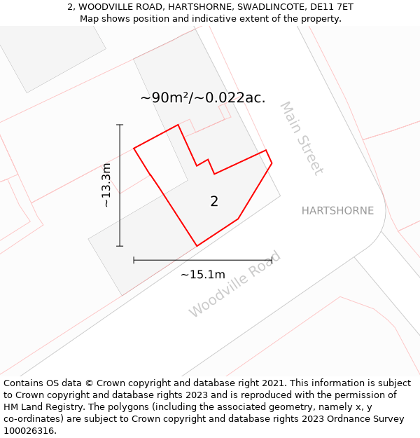 2, WOODVILLE ROAD, HARTSHORNE, SWADLINCOTE, DE11 7ET: Plot and title map