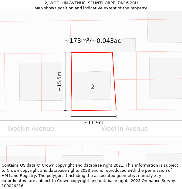 2, WOOLLIN AVENUE, SCUNTHORPE, DN16 2RU: Plot and title map