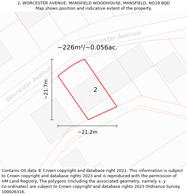 2, WORCESTER AVENUE, MANSFIELD WOODHOUSE, MANSFIELD, NG19 8QD: Plot and title map