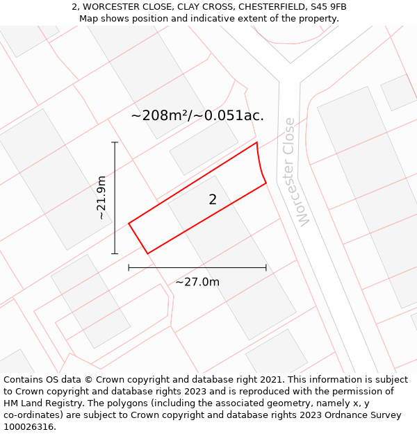 2, WORCESTER CLOSE, CLAY CROSS, CHESTERFIELD, S45 9FB: Plot and title map