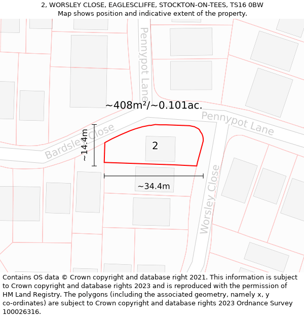 2, WORSLEY CLOSE, EAGLESCLIFFE, STOCKTON-ON-TEES, TS16 0BW: Plot and title map