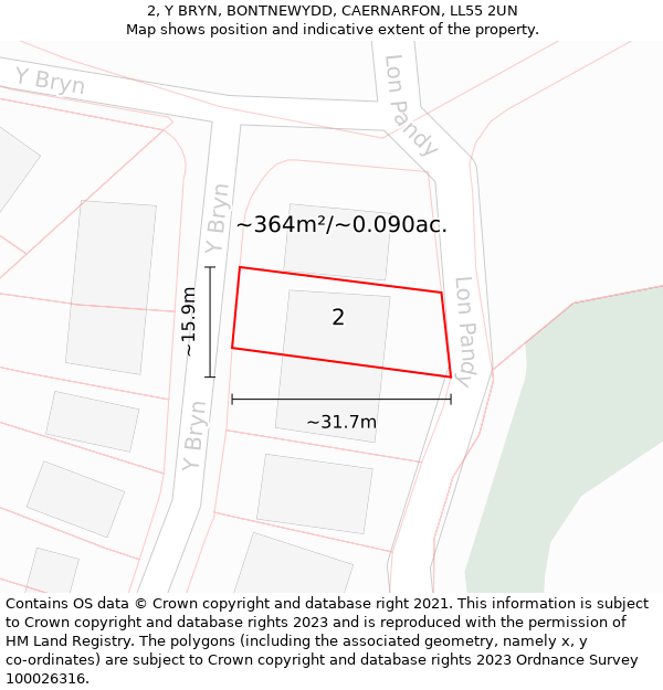 2, Y BRYN, BONTNEWYDD, CAERNARFON, LL55 2UN: Plot and title map