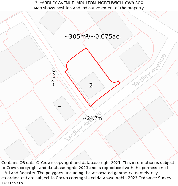 2, YARDLEY AVENUE, MOULTON, NORTHWICH, CW9 8GX: Plot and title map