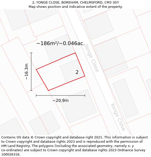 2, YONGE CLOSE, BOREHAM, CHELMSFORD, CM3 3GY: Plot and title map