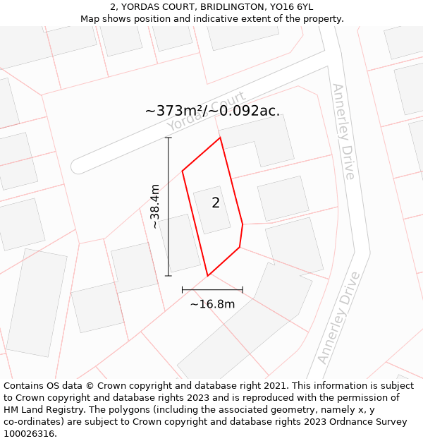 2, YORDAS COURT, BRIDLINGTON, YO16 6YL: Plot and title map