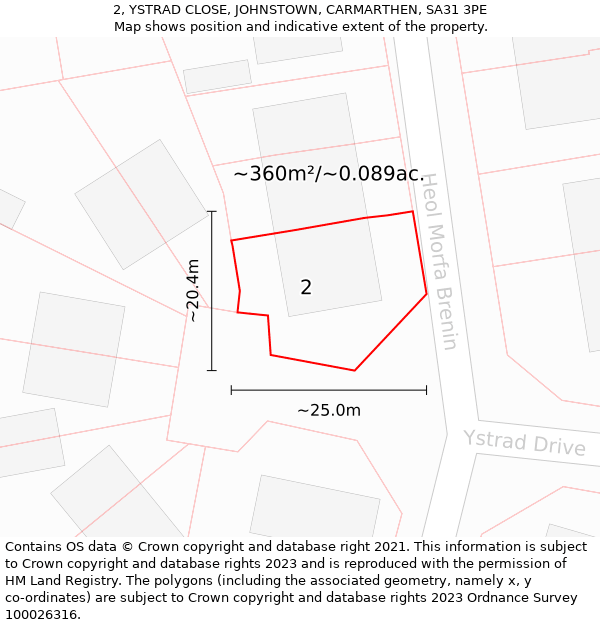 2, YSTRAD CLOSE, JOHNSTOWN, CARMARTHEN, SA31 3PE: Plot and title map