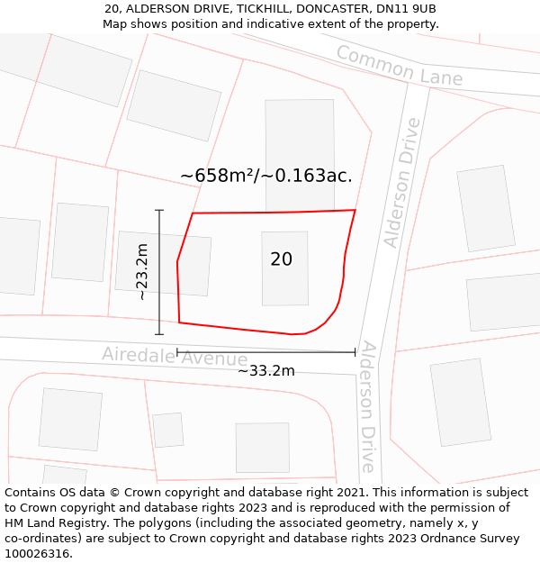 20, ALDERSON DRIVE, TICKHILL, DONCASTER, DN11 9UB: Plot and title map