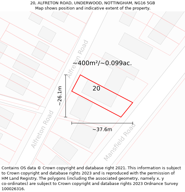 20, ALFRETON ROAD, UNDERWOOD, NOTTINGHAM, NG16 5GB: Plot and title map