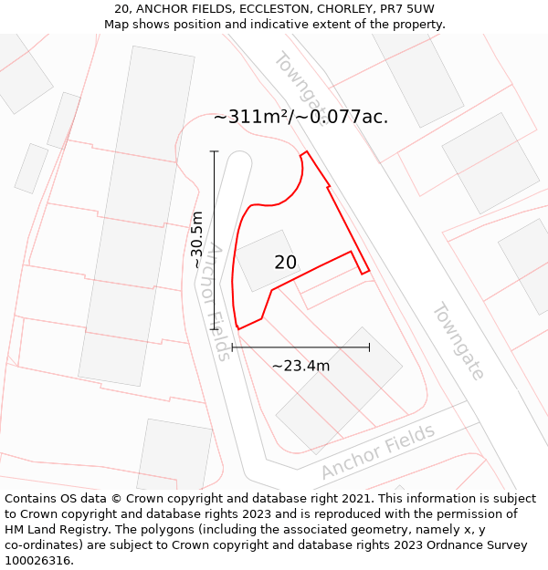 20, ANCHOR FIELDS, ECCLESTON, CHORLEY, PR7 5UW: Plot and title map