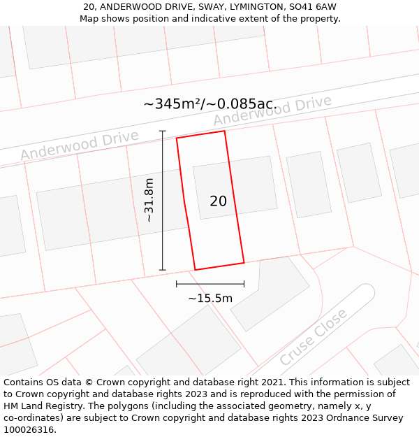 20, ANDERWOOD DRIVE, SWAY, LYMINGTON, SO41 6AW: Plot and title map