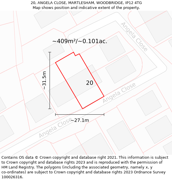 20, ANGELA CLOSE, MARTLESHAM, WOODBRIDGE, IP12 4TG: Plot and title map