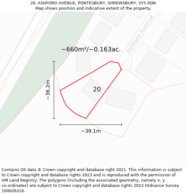 20, ASHFORD AVENUE, PONTESBURY, SHREWSBURY, SY5 0QN: Plot and title map