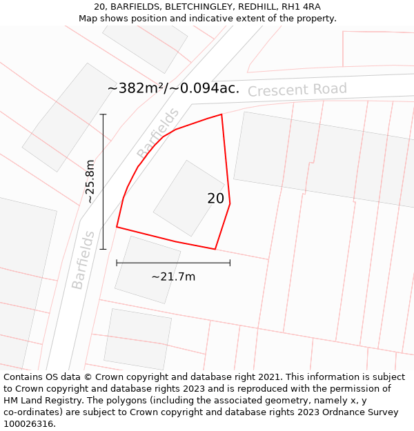 20, BARFIELDS, BLETCHINGLEY, REDHILL, RH1 4RA: Plot and title map