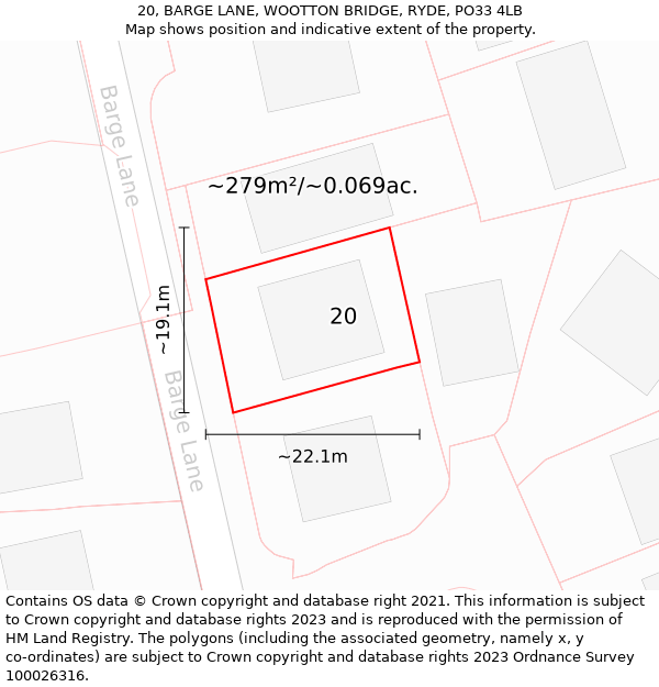 20, BARGE LANE, WOOTTON BRIDGE, RYDE, PO33 4LB: Plot and title map