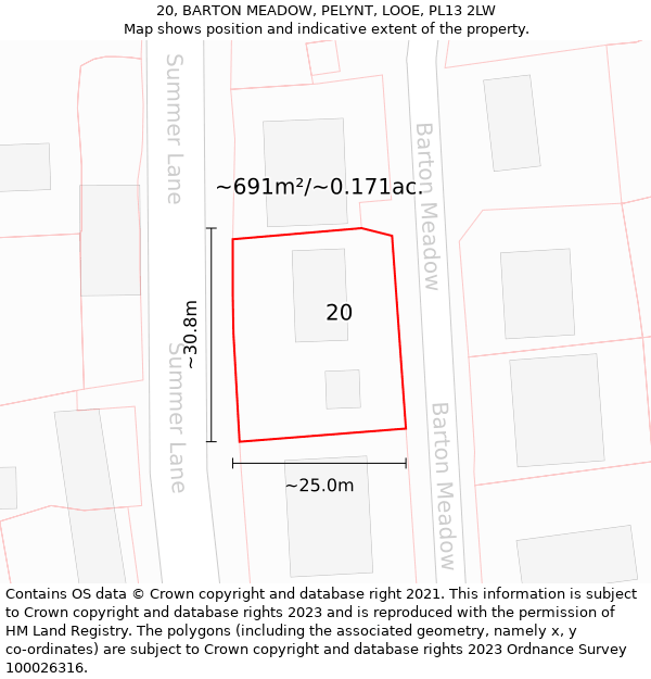 20, BARTON MEADOW, PELYNT, LOOE, PL13 2LW: Plot and title map