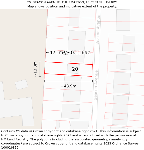 20, BEACON AVENUE, THURMASTON, LEICESTER, LE4 8DY: Plot and title map