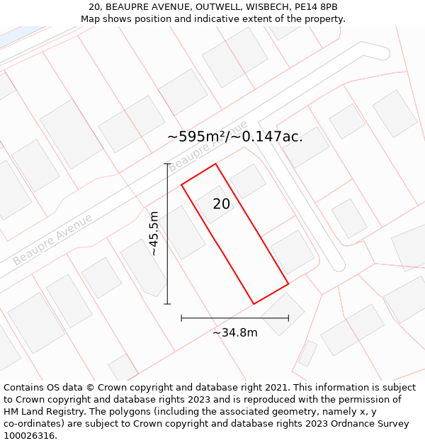 20, BEAUPRE AVENUE, OUTWELL, WISBECH, PE14 8PB: Plot and title map