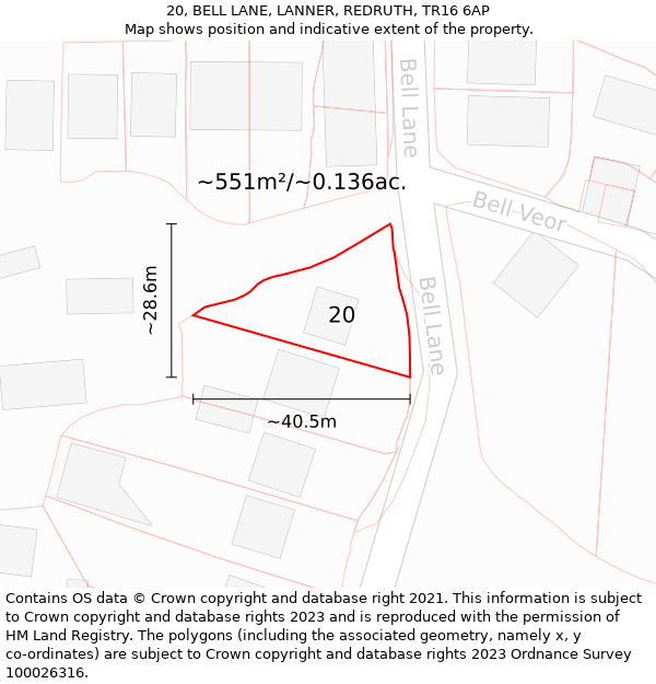 20, BELL LANE, LANNER, REDRUTH, TR16 6AP: Plot and title map