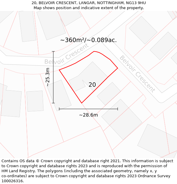 20, BELVOIR CRESCENT, LANGAR, NOTTINGHAM, NG13 9HU: Plot and title map