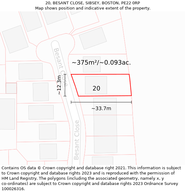 20, BESANT CLOSE, SIBSEY, BOSTON, PE22 0RP: Plot and title map