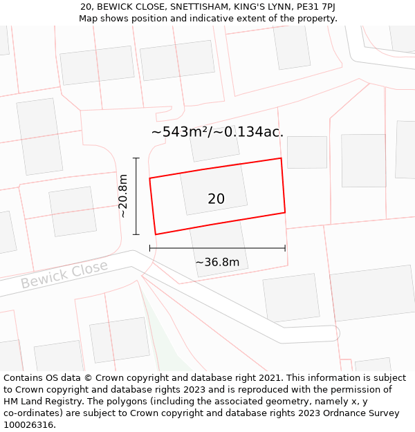 20, BEWICK CLOSE, SNETTISHAM, KING'S LYNN, PE31 7PJ: Plot and title map