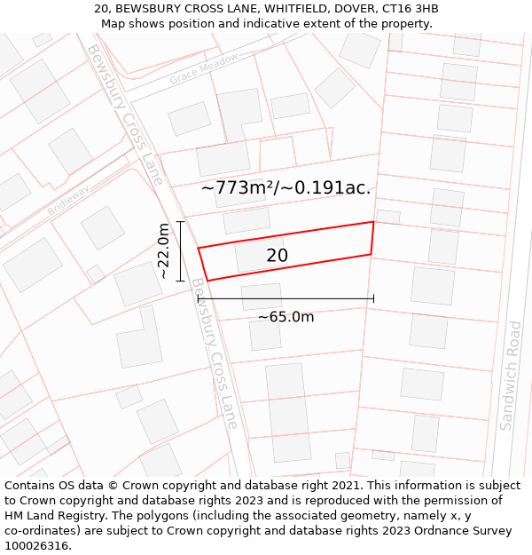 20, BEWSBURY CROSS LANE, WHITFIELD, DOVER, CT16 3HB: Plot and title map