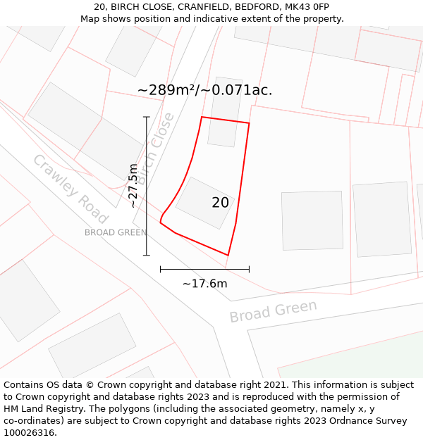 20, BIRCH CLOSE, CRANFIELD, BEDFORD, MK43 0FP: Plot and title map