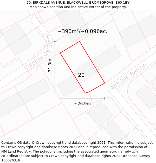 20, BIRKDALE AVENUE, BLACKWELL, BROMSGROVE, B60 1BY: Plot and title map