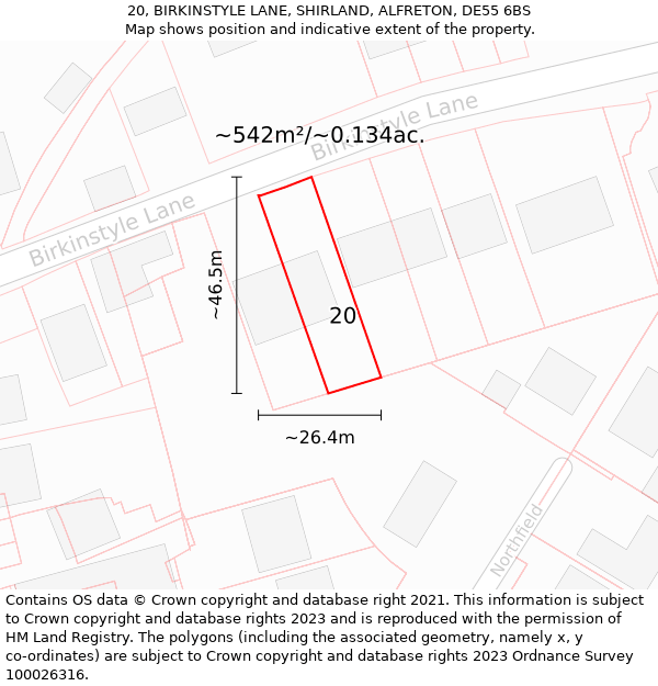 20, BIRKINSTYLE LANE, SHIRLAND, ALFRETON, DE55 6BS: Plot and title map